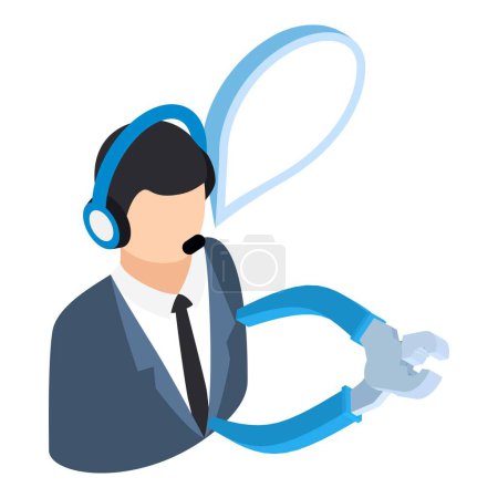 Illustration for Technical service icon isometric vector. Operator with headset and wire cutters. Online support concept - Royalty Free Image