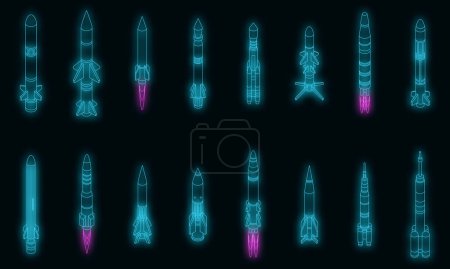 Ilustración de Conjunto de iconos de ataque de misiles. Conjunto isométrico de íconos vectoriales de ataque de misiles color neón sobre negro - Imagen libre de derechos