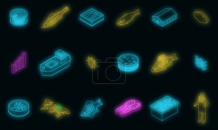 Illustration for Fish farm icons set. Isometric set of fish farm vector icons neon color on black - Royalty Free Image