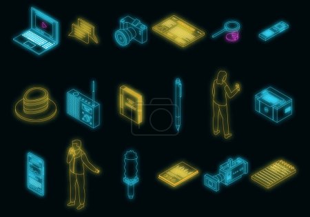 Illustration for Reporter icons set. Isometric set of reporter vector icons neon color on black - Royalty Free Image
