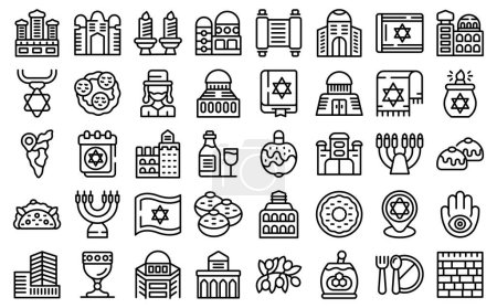 Téléchargez les illustrations : Israël icônes définir contour vecteur. Anniversaire de l'avion. Mur tour - en licence libre de droit