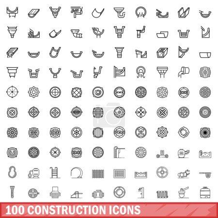 Téléchargez les illustrations : Ensemble de 100 icônes de construction. Illustration schématique de 100 icônes vectorielles de construction isolées sur fond blanc - en licence libre de droit