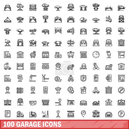 100 Garagen-Ikonen gesetzt. Umriss Illustration von 100 Garage Icons Vektor gesetzt isoliert auf weißem Hintergrund