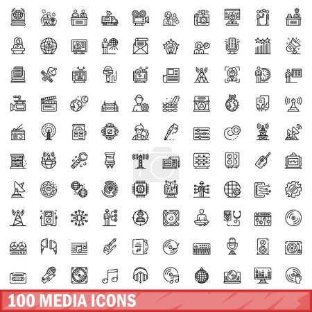 Téléchargez les illustrations : Ensemble de 100 icônes média. Illustration schématique de 100 icônes médias ensemble vectoriel isolé sur fond blanc - en licence libre de droit