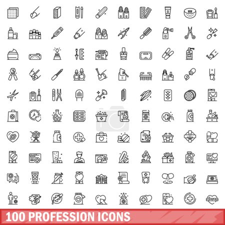 Ilustración de 100 iconos de profesión establecidos. Esquema ilustración de 100 iconos profesionales vector conjunto aislado sobre fondo blanco - Imagen libre de derechos