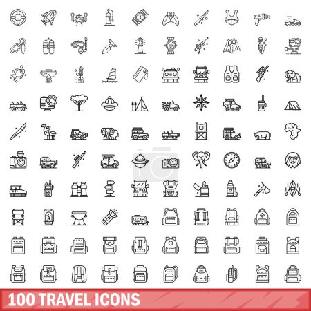 100 iconos de viaje. Esquema ilustración de 100 iconos de viaje vector conjunto aislado sobre fondo blanco