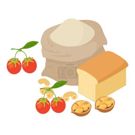 Carb food icon isometrischer Vektor. Mehlsack, Brotlaib, Walnuss- und Goji-Beere. Backwaren, Lebensmittel kochen