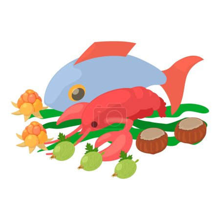 Illustration for Seafood icon isometric vector. Fresh fish, cooked red crayfish and seaweed icon. Marine product, cooking food - Royalty Free Image