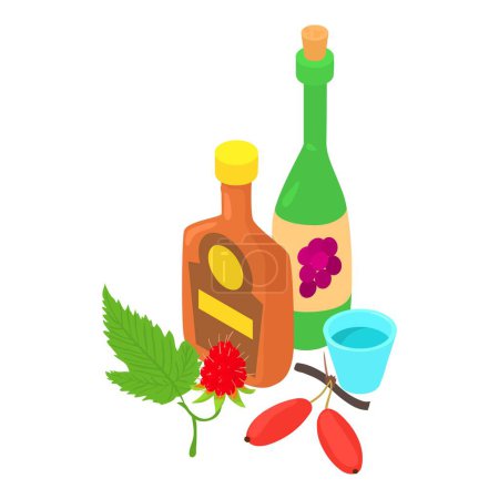 Illustration for Alcoholic beverage icon isometric vector. Cognac bottle, wine bottle and glass. Alcoholic drink - Royalty Free Image