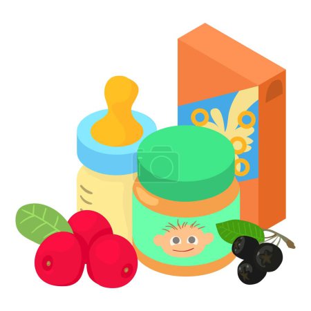 Ilustración de Icono de comida para bebés vector isométrico. biberón para niños, gachas de paquete, frasco de comida para bebés. Ingrediente natural, nutrición saludable - Imagen libre de derechos