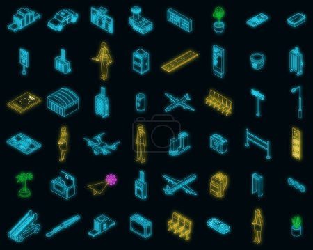 Illustration for Airlines icons set. Isometric set of airlines vector icons neon color on black - Royalty Free Image