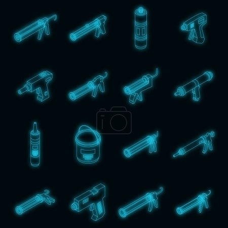 Illustration for Silicone caulk gun icons set. Isometric set of silicone caulk gun vector icons neon color on black - Royalty Free Image