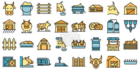 Illustration for Breeding cows icons set outline vector. Dairy milk. Eat farm color thin line - Royalty Free Image