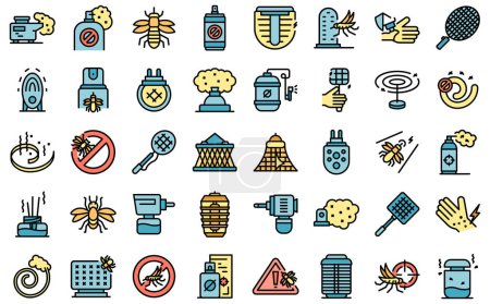 Illustration for Mosquito protective icons set outline vector. Aerosol bite. Insect repellent thin line color flat on white - Royalty Free Image
