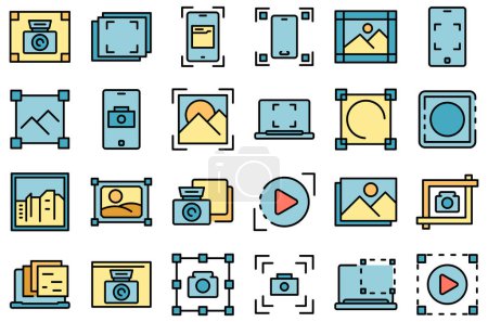 Illustration for Screenshot icons set outline vector. Take app. Button camera thin line color flat on white - Royalty Free Image