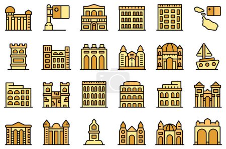 Ilustración de Malta iconos conjunto contorno vector. Edificio de arquitectura. Landmark skyline delgada línea de color plano sobre blanco - Imagen libre de derechos