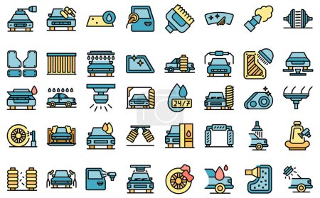 Illustration for Automated car wash icons set outline vector. Car auto. Vehicle transport thin line color flat on white - Royalty Free Image