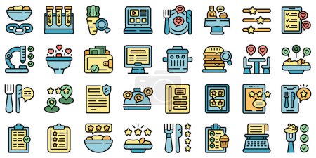 Illustration for Food critic icons set outline vector. Restaurant food. Social review thin line color flat on white - Royalty Free Image
