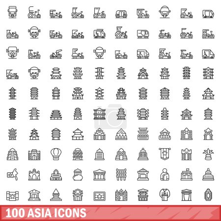 Téléchargez les illustrations : Ensemble de 100 icônes asiatiques. Illustration de l'ensemble vectoriel de 100 icônes asiatiques isolées sur fond blanc - en licence libre de droit