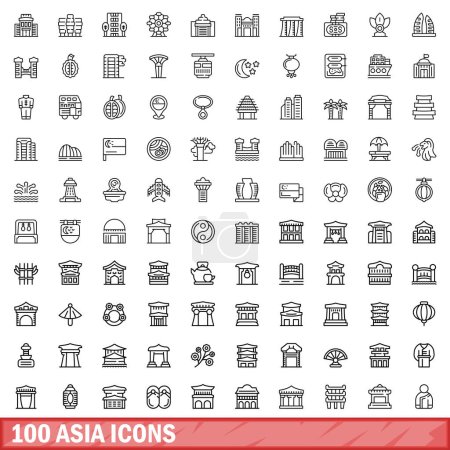Téléchargez les illustrations : Ensemble de 100 icônes asiatiques. Illustration de l'ensemble vectoriel de 100 icônes asiatiques isolées sur fond blanc - en licence libre de droit