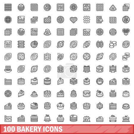 Téléchargez les illustrations : Ensemble de 100 icônes de boulangerie. Illustration schématique de 100 icônes de boulangerie ensemble vectoriel isolé sur fond blanc - en licence libre de droit
