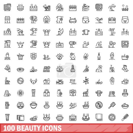 Ilustración de 100 iconos de belleza. Esquema ilustración de 100 iconos de belleza vector conjunto aislado sobre fondo blanco - Imagen libre de derechos