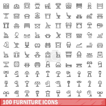 Téléchargez les illustrations : Ensemble de 100 icônes de meubles. Illustration schématique de 100 icônes de meubles ensemble vectoriel isolé sur fond blanc - en licence libre de droit