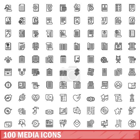 Illustration for 100 media icons set. Outline illustration of 100 media icons vector set isolated on white background - Royalty Free Image