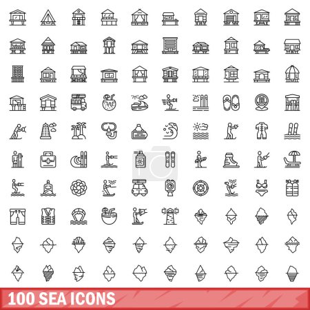 Téléchargez les illustrations : Ensemble de 100 icônes de mer. Illustration schématique de 100 icônes de mer ensemble vectoriel isolé sur fond blanc - en licence libre de droit