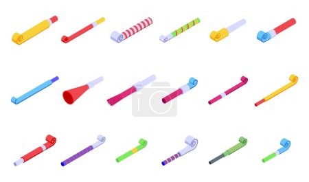 Party blower icons set isometric vector. Whistle horn. Roll paper