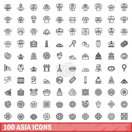 Ilustración de Conjunto de 100 iconos de asia. Esquema ilustración de 100 iconos de asia vector conjunto aislado sobre fondo blanco - Imagen libre de derechos