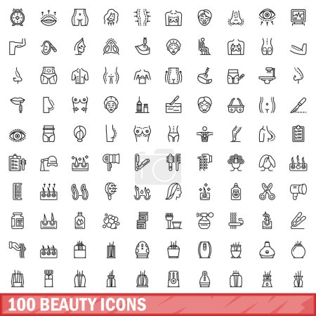 Téléchargez les illustrations : Ensemble de 100 icônes beauté. Illustration schématique de 100 icônes de beauté ensemble vectoriel isolé sur fond blanc - en licence libre de droit