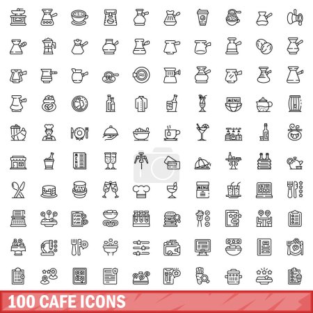 Téléchargez les illustrations : Ensemble de 100 icônes de café. Illustration schématique de 100 icônes de café ensemble vectoriel isolé sur fond blanc - en licence libre de droit