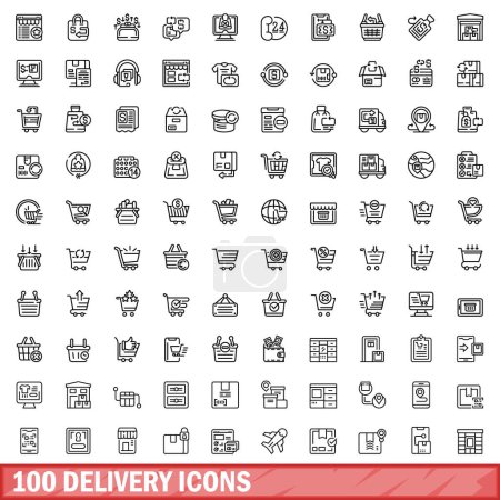 Ilustración de 100 iconos de entrega configurados. Esquema ilustración de 100 iconos de entrega vector conjunto aislado sobre fondo blanco - Imagen libre de derechos