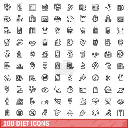 Ilustración de 100 iconos de la dieta establecidos. Esquema ilustración de 100 iconos de la dieta vector conjunto aislado sobre fondo blanco - Imagen libre de derechos