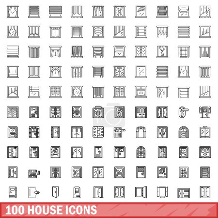 Téléchargez les illustrations : Ensemble de 100 icônes de maison. Illustration schématique de 100 icônes de maison ensemble vectoriel isolé sur fond blanc - en licence libre de droit