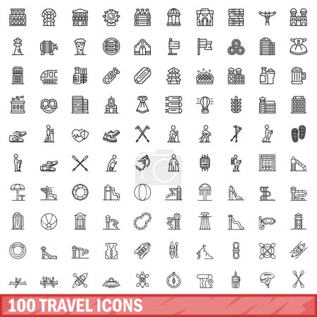 Téléchargez les illustrations : Ensemble de 100 icônes de voyage. Illustration schématique de 100 icônes de voyage ensemble vectoriel isolé sur fond blanc - en licence libre de droit