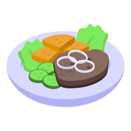 Téléchargez les illustrations : Vecteur isométrique d'icône de nourriture de steak. Menu de cuisine. Dîner sauce - en licence libre de droit