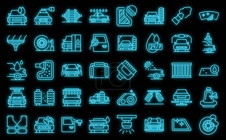Illustration for Automated car wash icons set outline vector. Car auto. Vehicle transport neon color on black - Royalty Free Image