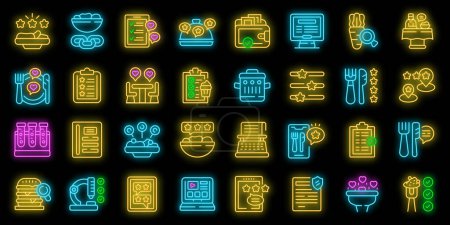 Illustration for Food critic icons set outline vector. Restaurant food. Social review neon color on black - Royalty Free Image