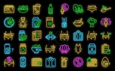 Illustration for Ayurvedic diet icons set outline vector. Food eating. Cooking alternative neon color on black - Royalty Free Image