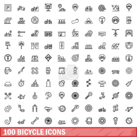 Illustration for 100 bicycle icons set. Outline illustration of 100 bicycle icons vector set isolated on white background - Royalty Free Image
