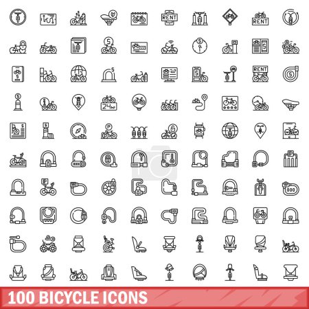 Téléchargez les illustrations : Ensemble de 100 icônes de vélo. Illustration schématique de 100 icônes de vélo ensemble vectoriel isolé sur fond blanc - en licence libre de droit