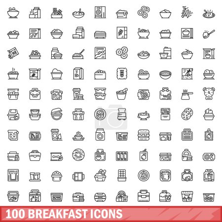 Ilustración de 100 iconos de desayuno establecidos. Esquema ilustración de 100 iconos de desayuno vector conjunto aislado sobre fondo blanco - Imagen libre de derechos