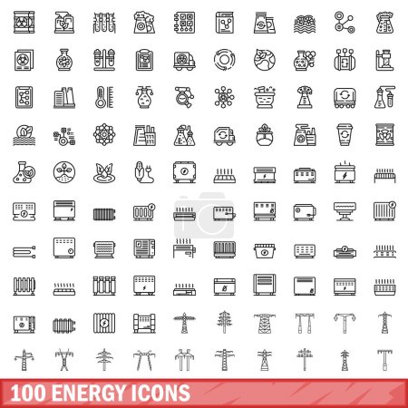 Téléchargez les illustrations : Ensemble de 100 icônes énergétiques. Illustration schématique de 100 icônes vectorielles d'énergie isolées sur fond blanc - en licence libre de droit