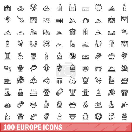 Téléchargez les illustrations : Ensemble de 100 icônes européennes. Illustration schématique de l'ensemble vectoriel de 100 icônes européennes isolées sur fond blanc - en licence libre de droit