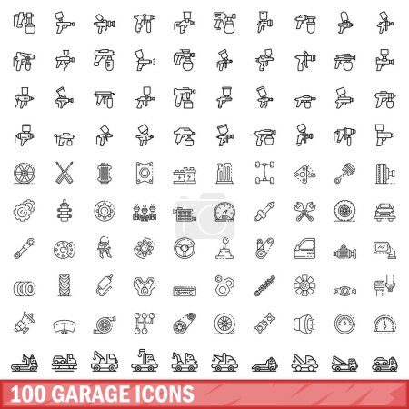 Téléchargez les illustrations : Ensemble de 100 icônes de garage. Illustration schématique de 100 icônes de garage ensemble vectoriel isolé sur fond blanc - en licence libre de droit