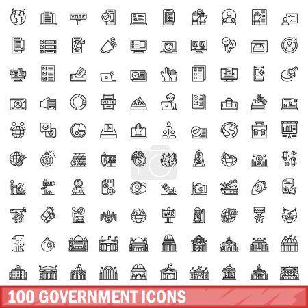Téléchargez les illustrations : Ensemble de 100 icônes gouvernementales. Illustration schématique de 100 vecteurs d'icônes gouvernementales isolés sur fond blanc - en licence libre de droit
