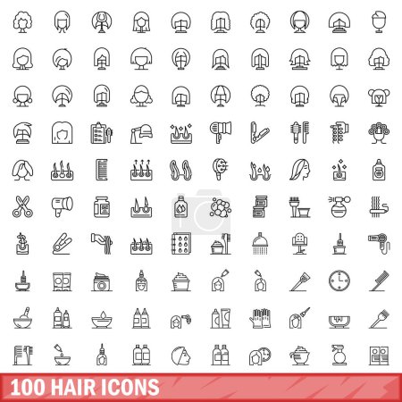 Ilustración de 100 iconos para el cabello. Esquema ilustración de 100 iconos de pelo conjunto vectorial aislado sobre fondo blanco - Imagen libre de derechos