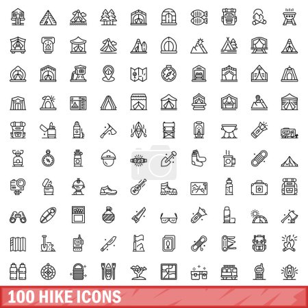 Téléchargez les illustrations : Ensemble de 100 icônes de randonnée. Illustration de l'ensemble vectoriel de 100 icônes de randonnée isolées sur fond blanc - en licence libre de droit